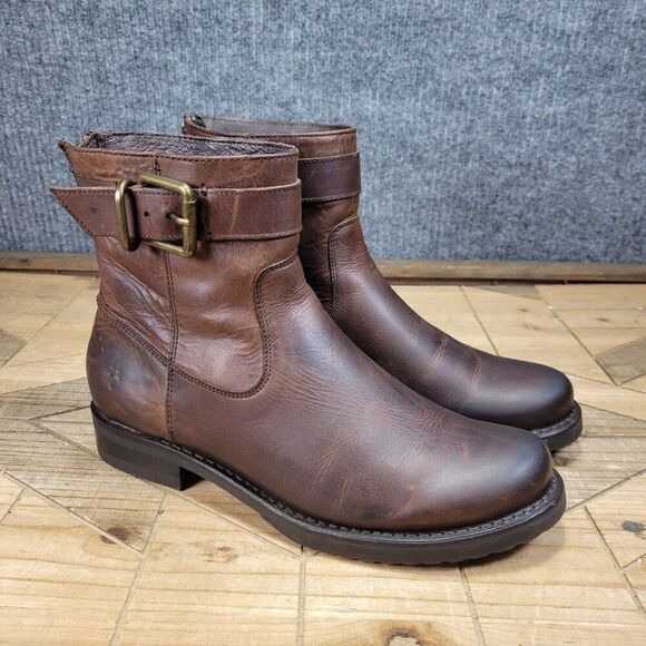 Frye Veronica Women's Size 7.5 Strap Moto Dark Brown Leather Distressed Boots - Picture 1 of 10
